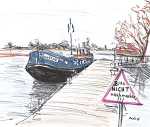 Zeichnung Boot am Steg, Warnschild: nicht nachmachen!